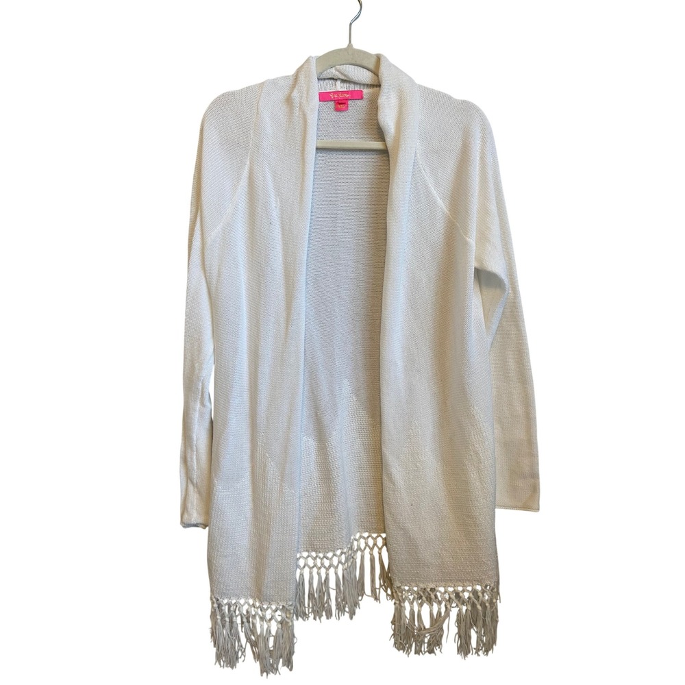 Lilly Pulitzer White Open Front Fringe Cardigan Sweater M
